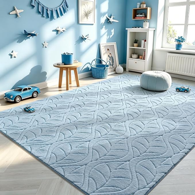 Macgace Ultra Soft Area Rug for Living Room, 5x7 Blue Geometric Shag Rugs | Washable Non-Slip Backing Medium Pile Modren Fuzzy Carpet for Kids Room, Girls Bedroom, Classroom, Dorm