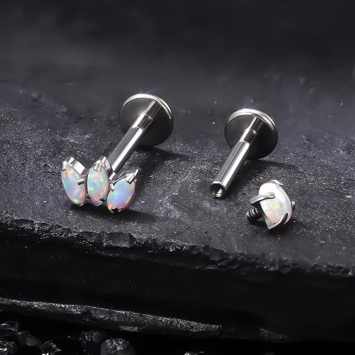 Ruifan Titanium Flat Back Lip Rings Internally Threaded Earrings Studs Nose Rings 16G Opal CZ Tragus Cartilage Lobe Rook Helix Conch Labret Medusa Piercing Jewelry for Women Men W Piercing Taper Set