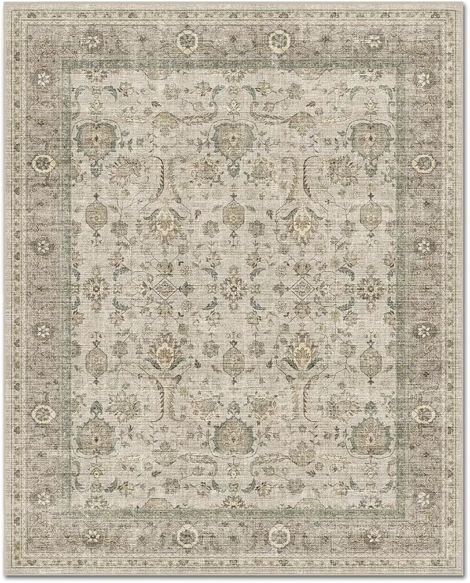 Boho Washable 10x14 Area Rugs for Living Room, Cushioned, Flaxen/Tan | Vintage Non-slip Neutral Oriental Rugs for Bedroom Dining Room Nursery Office High Traffic Area