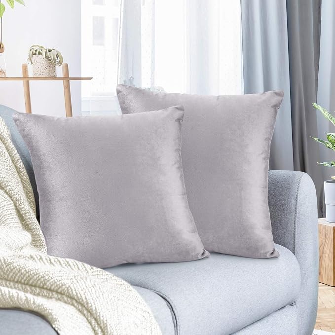 Nestl Throw Pillow Covers, Cozy Velvet Decorative Pillow Cases 24 x 24 Inches, Soft Solid Couch Pillow Covers for Sofa, Bed and Car, Set of 2 - Light Gray Lavender