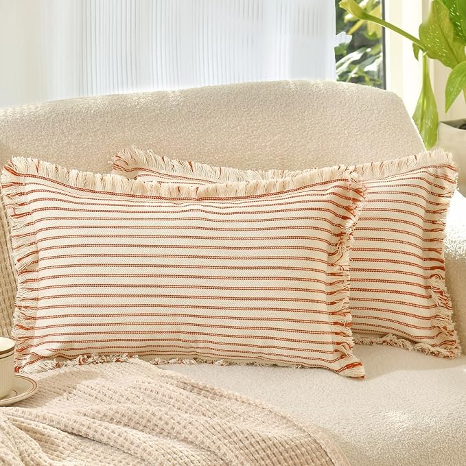 ZWJD Throw Pillow Covers 12x20 Set of 2 Striped Pillow Covers with Fringe Chic Cotton Decorative Pillows Square Cushion Covers for Sofa Couch Bed Living Room Farmhouse Decor, (Burnt Orange)