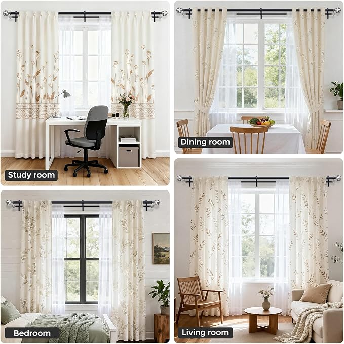 Boho Decorative Double Curtain Rod, 36-184 Inch, Matte Black | Handmade Leaf Finials, Heavy Duty Adjustable Exrta Long Rustic Metal Dual Layer Curtain Rods, 40 lb Capacity, Easy to Install