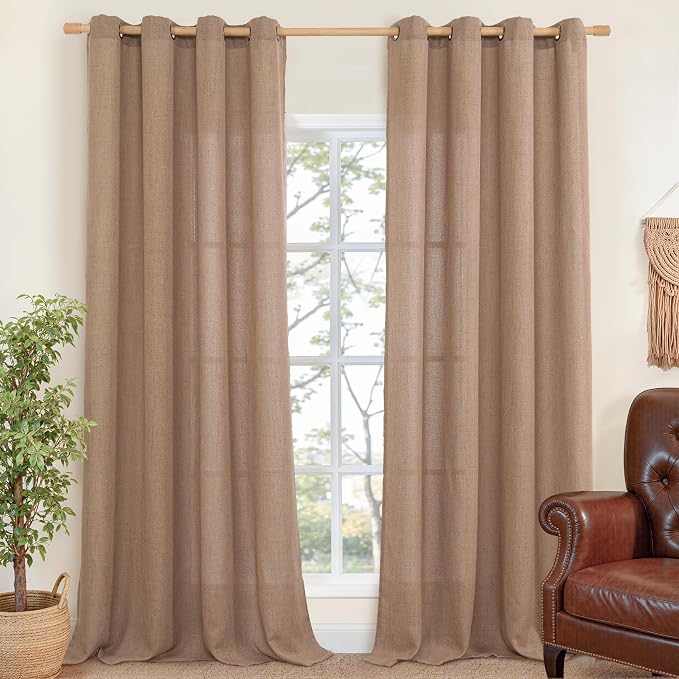 YoungsTex Linen Curtains 90 Inch Length, Light Filtering Drapes with Grommet Semi Sheer Rustic for Bedroom Living Room Farmhouse Windows, Mocha Brown, 2 Panels, 52 X 90 Inch