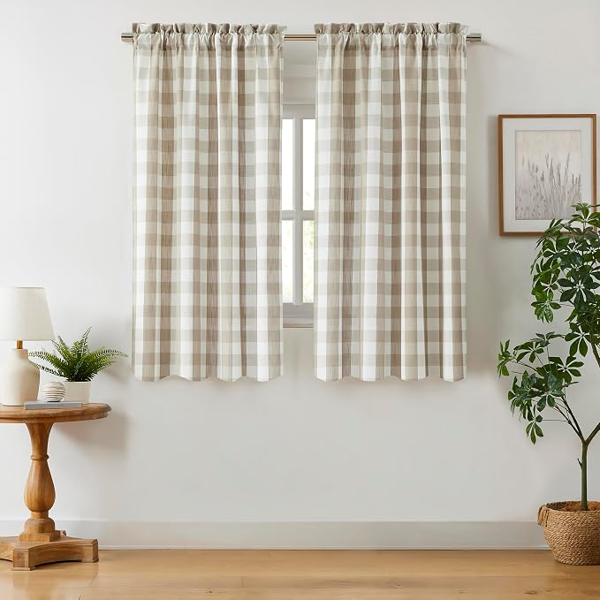 72 Inch Beige White Buffalo Plaid Semi Sheer Curtains Rod Pocket | Cottage Style Window Drapes for Living Room Office,Soft Light Filtering Window Treatment for Bedroom,52"Wx72"L(Pack of 2)