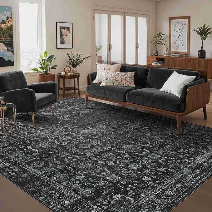 Rugxara Black Rug 5x7 Area Rugs Washable Rug for Living Room Bedroom | Non Slip, Rug for Dining Room Office Farmhouse Dorm, Stain Resistant, Soft, Vintage Boho Retro Carpet, Low Pile, Home Decor