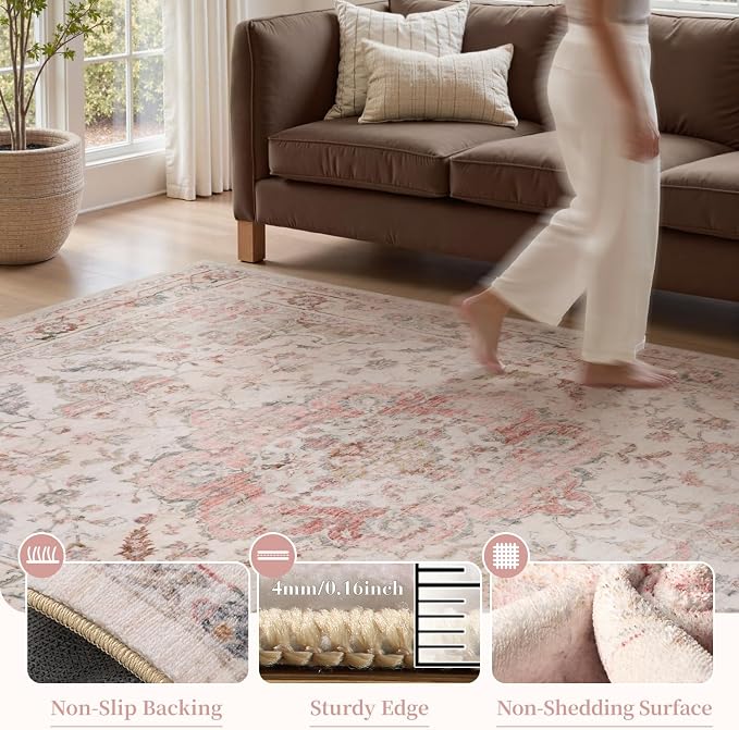 PADOOR 8X10 Area Rug,Rugs for Living Room,Soft Pink Rugs for Bedroom,Machine Washable Rug Non Slip Carpet for Dining Room Living Room Bedside Office