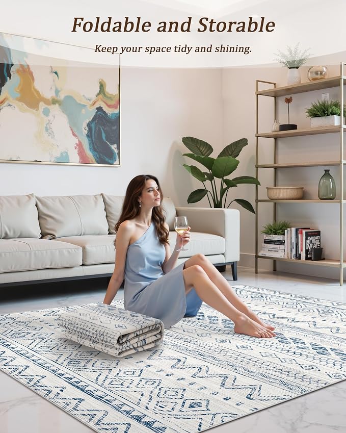 Miukiki 8x10 Area Rug for Living Room Moroccan Washable Rugs Non Slip Indoor Floor Carpet Foldable Large Soft Area Rug for Dining Room Bedroom with Low Pile(Blue,8'x10')