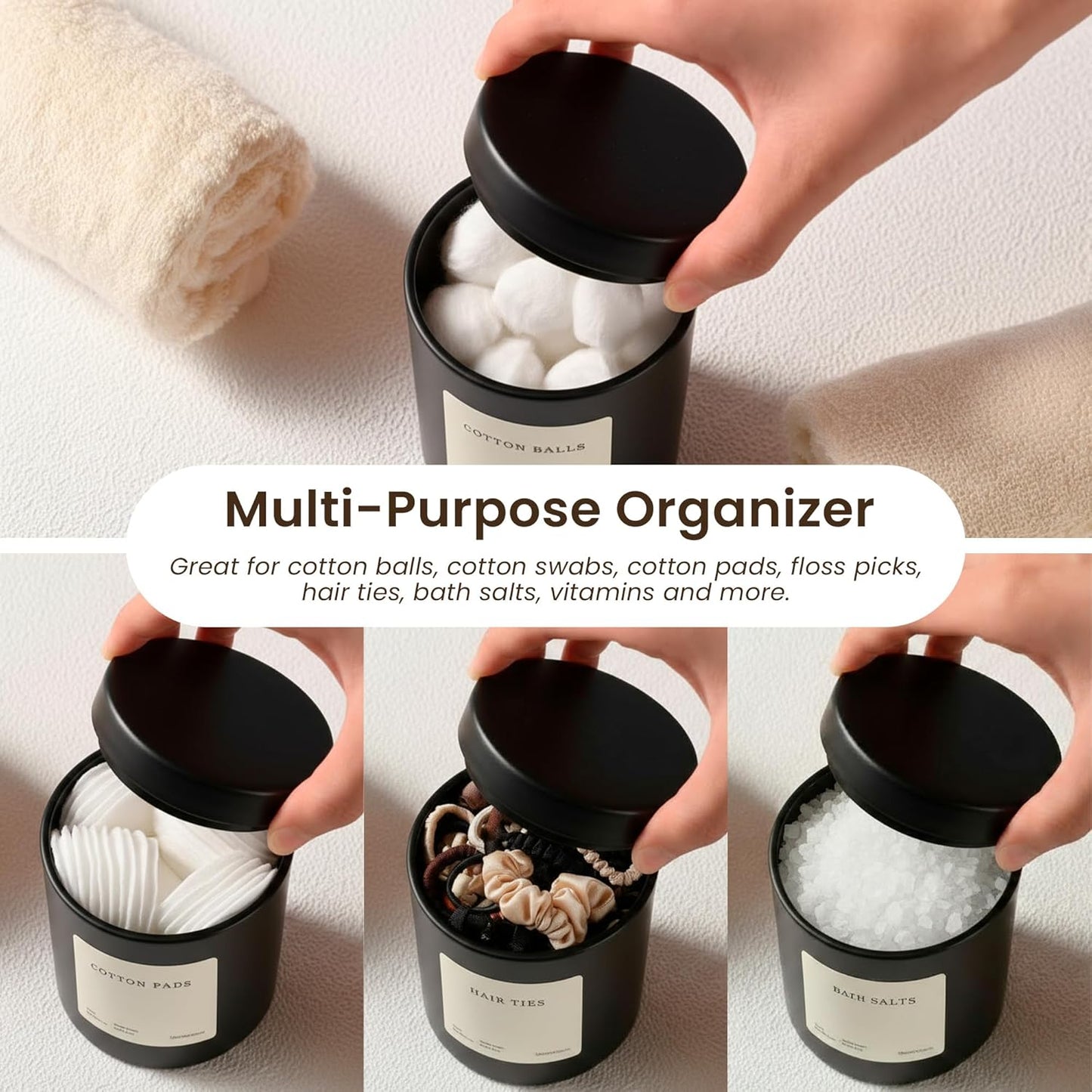 MaisoNovo Qtip Holder Bathroom Set – Airtight Glass Qtip Holder with Lid to Store Q Tips, Cotton Rounds, Cotton Balls, Floss Picks, Hair Ties with free labels pack - 2 Black Jars with Glass Lids