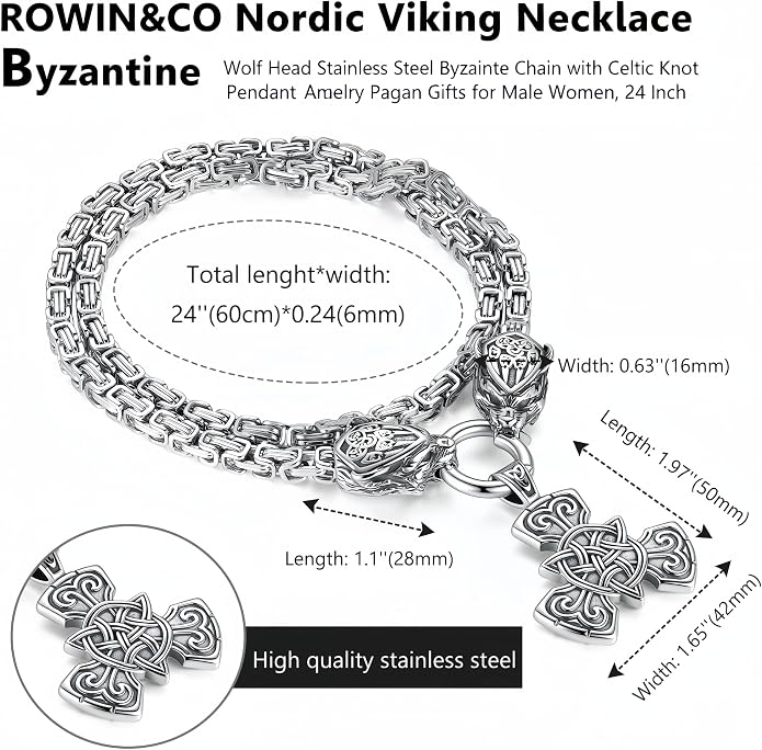 ROWIN&CO Viking Necklace for Men, Stainless Steel Nordic Runes Wolf Head Spearhead & Trinity Knot Pendant with Byzantine Chain Amulet, Norse Mythology Pagan Gothic Biker Jewelry Gift