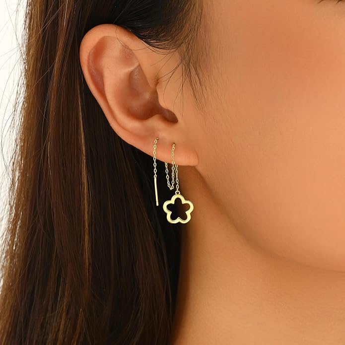 Flower Threader Drop Earrings for Women, 925 Sterling Silver Dainty Hollow Floral Dangle Earrings to Daughter Mother 14k Gold Plated Flowers Long Tassel Chain Earring Birthday Wedding Jewelry Gift