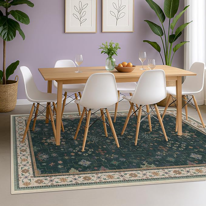 Hazo Haus Vintage Dark Green 6x9 Dining Room Rugs for Under Kitchen Table - Washable Livinig Room Rug - Unique Floral Pastel Low Pile Non-Slip Large Area Rugs for Bedroom