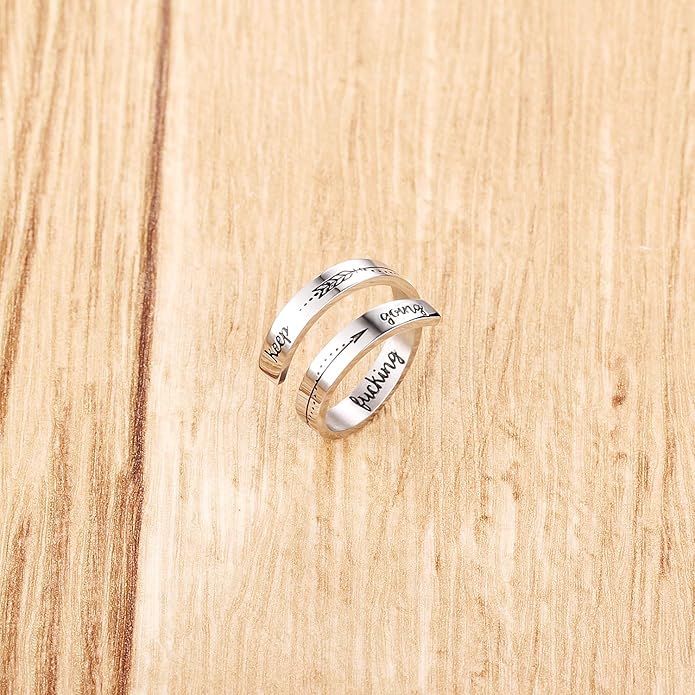 ZRAY Silver Keep Going Ring Inspirational Jewelry Stainless Steel Engraving Size Adjustable Personality Encouragement Gift for Women Teens Girls