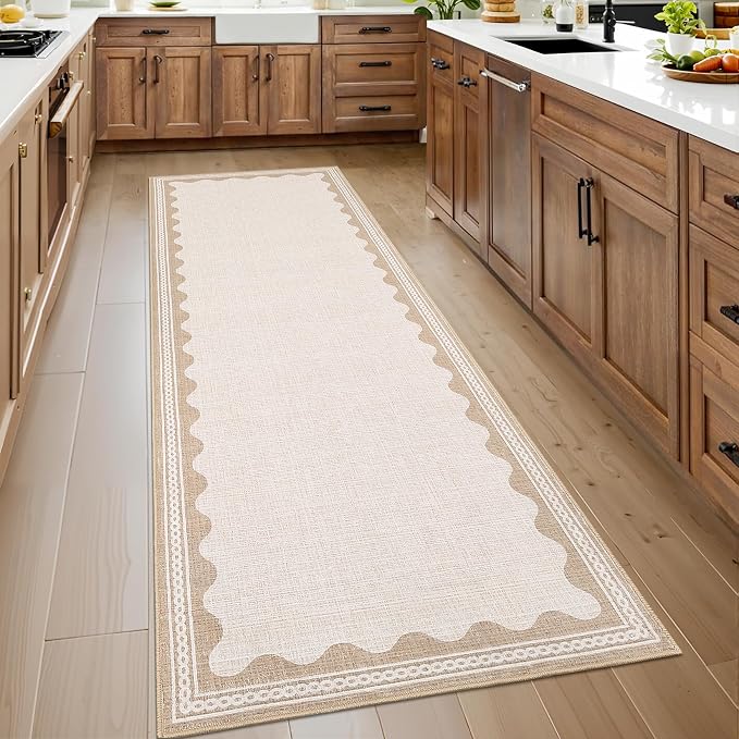 GarveeHome Scalloped Beige 2.5x10 Runner Rug for Hallway Washable Kitchen Rugs Non Slip Solid Modern Minimalism Soft Low-Pile Indoor Carpet for Entryway Laundry Room Floor Mats