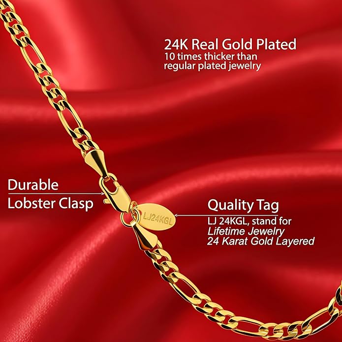 LIFETIME JEWELRY 4mm Figaro Chain Ankle Bracelet - Gold Anklets for Women - 24k Real Gold Plated - Made in USA with Lifetime Replacement