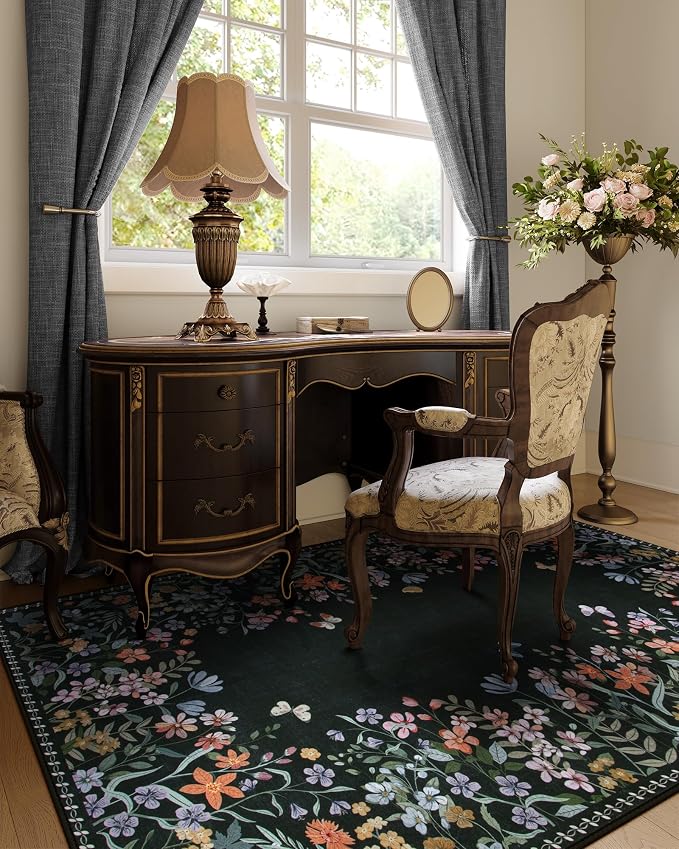 Wonnitar 5x7 Washable Area Rug, Black Floral Rug for Bedroom, Boho Flower Rug for Dining Room, Non Slip Low Pile Living Room Carpet, Botanical Farmhouse Indoor Decor (5x7 Black)