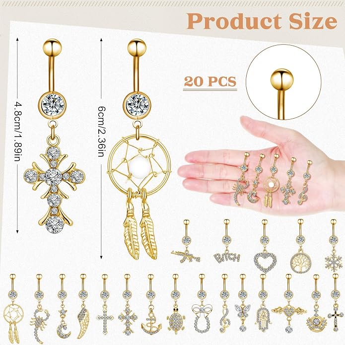 Junkin 20 Pcs 14G Dangle Belly Button Ring, Dangling 316L Surgical Navel Rings Cubic Zirconia Belly Piercing Jewelry
