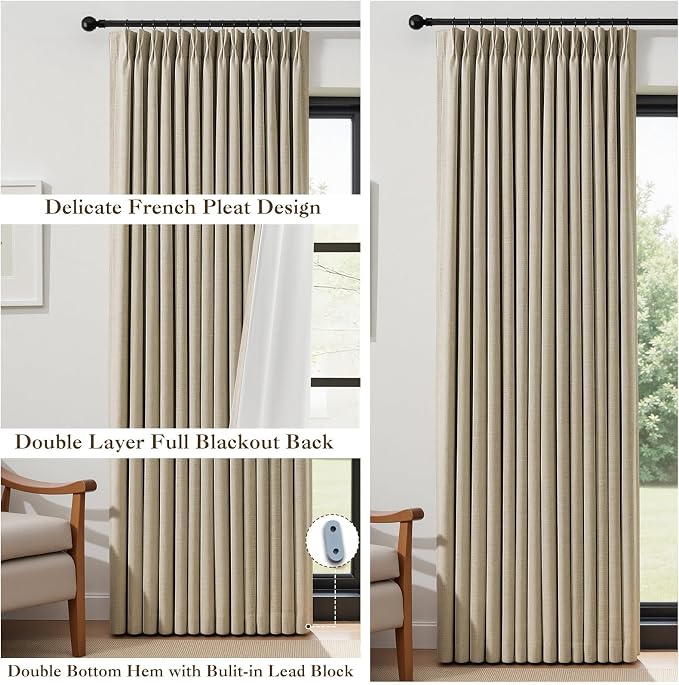 IVAPUPU Sand Pinch Pleated Full Blackout Linen Curtains for Bedroom, Black Out Curtains 95 Inches 1 Panel for Living Room Darkening Thermal Insulated Neutral Pleat Drapes with 12 Hooks, 60''Wx95''L
