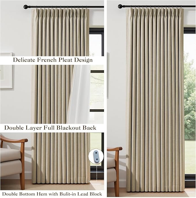 IVAPUPU Sand Pinch Pleated Full Blackout Linen Curtains for Bedroom, Black Out Curtains 95 Inches 1 Panel for Living Room Darkening Thermal Insulated Neutral Pleat Drapes with 12 Hooks, 70''Wx95''L