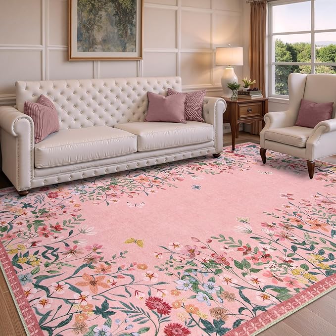 Wonnitar 6x9 Washable Area Rug, Pink Floral Rug for Girls Bedroom, Boho Botanical Nursery Rug, Non Slip Low Pile Living Room Carpet, Vintage Flower Dorm Decor (6x9 Pink)