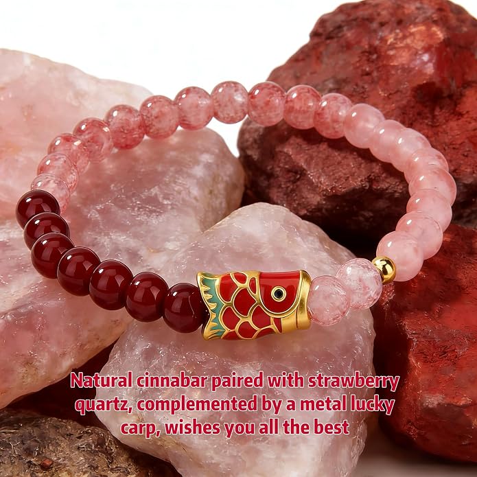 LINGYUAN Feng Shui Wealth and Luck Bracelet with Gold Foil Five Gods Amulet-Red Agate Cinnabar Gemstone Bracelet for Prosperity, Protection & Success, Lucky Charm Gift for Men & Women
