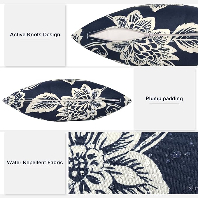 Outdoor 20x20 Inch Throw Pillows with Inners, Square Pillows Decorative Set of 2 for Home Garden Furniture, Elegant Vines Navy
