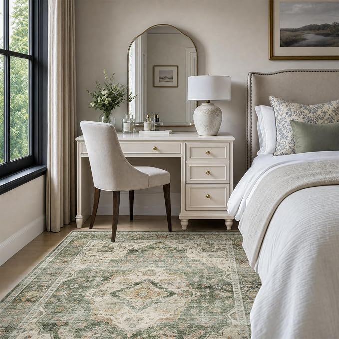 AMOAMI-3X5 Area Rug-Soft Washable Vintage Throw Accent Rugs for Living Room, Entryway, Bedroom, Kitchen, Bathroom, Laundry Room, Kitchen, Bathroom, Bedside, No Slip Green