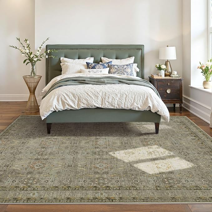 Rugxara 6x9 Area Rugs Washable Rug for Living Room Dining Room, Olive/Green | Non Slip, Rug for Bedroom Office Farmhouse, Stain Resistant, Soft, Low Pile, Vintage Boho Floral Retro Carpet, Home Decor