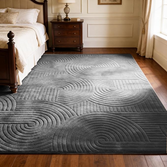 8x10 Grey Area Rug - Washable Fluffy High-Low Pile Gray Rugs for Living Room Bedroom, Modern Geometric Pattern, Non-Slip Textured Indoor Carpet for Nursery, Kids Room, Apartment, Home Office