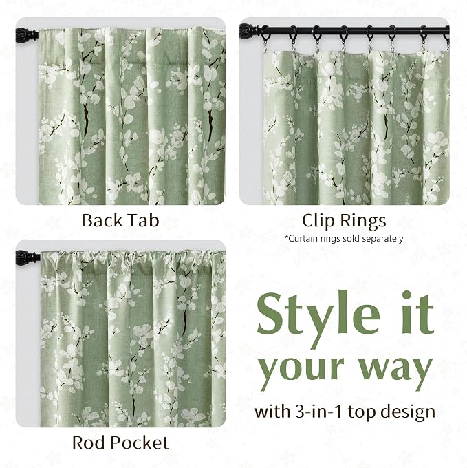 FMFUNCTEX 100% Blackout Green Floral Curtains 84 Inch Rod Pocket 2 Panels | Black Out Drapes, Thermal Insulated Cottage Farmhouse, Blossom Flower Patterned Curtain for Bedroom, Living Room Darkening