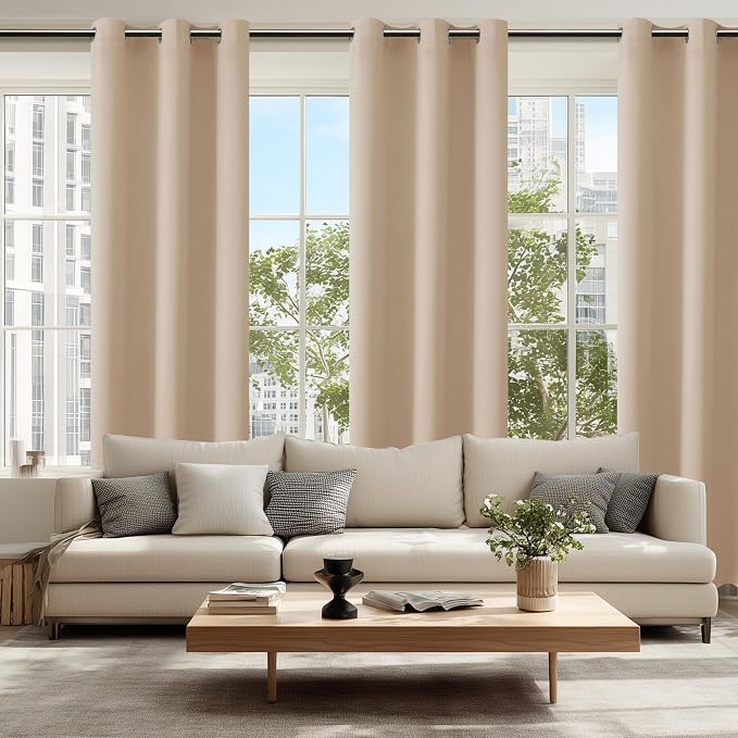 Hiasan Blackout Curtains for Bedroom, 38 x 84 Inches Long - Thermal Insulated & Energy Saving Window Curtains for Living Room, 2 Drape Panels Sewn with Tiebacks, Beige