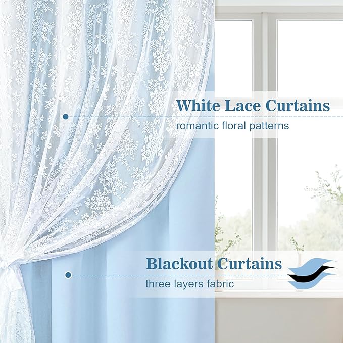Yinhua Double Layer Blackout Curtains for Bedroom Blue Curtains for Living Room 63 Inch Length 2 Panels Set Kid Curtain with Tiebacks, Grommet Drapes with Floral Sheer Overlay, 52" W x 63" L