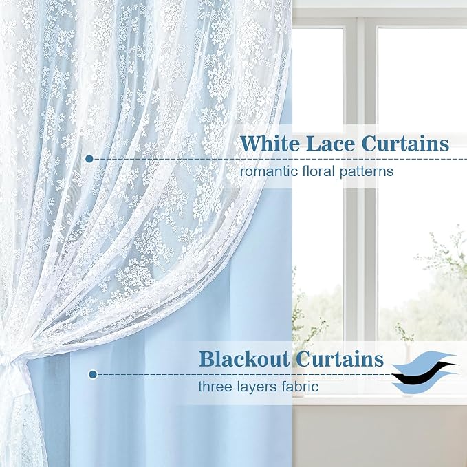 Yinhua Blue Curtains for Living Room Blackout Curtains for Bedroom 84 Inches Long Double Layer Curtain with Tiebacks, Thermal Insulation Grommet Drapes for Nursery Dining Room, 52" W x 84" L