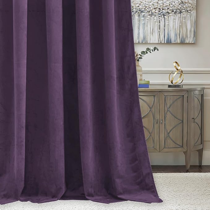 RYB HOME Purple Velvet Curtains for Bedroom Living Room, Thermal Insulated Privacy UV Heat Blocking Luxurious Soft Rod Pocket Back Tab Drapes for Nursery, 52" W x 72" L, 2 Panels