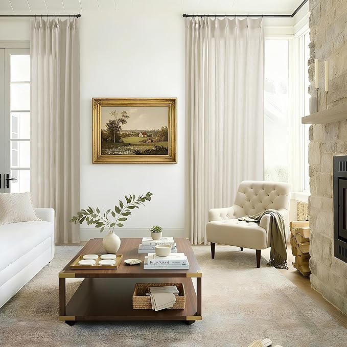 Greyish Beige Pinch Pleated Linen Curtains 84 Inches Long Semi Sheer | Light Filtering, Flax Pleat Drapes, Hooks Rings, Back Tab, for Living Room Dining Bedroom, Farmhouse Boho Curtains, Oatmeal