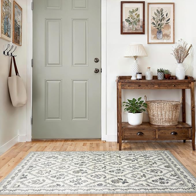 Blue Bedroom Rug 4x6 Washable Non Slip Area Rug Bohemian Carpet Blue Green with White Floral Boho Modern Farmhouse Floral for Bedroom Foldable 4x6 for Living Room, Kitchen