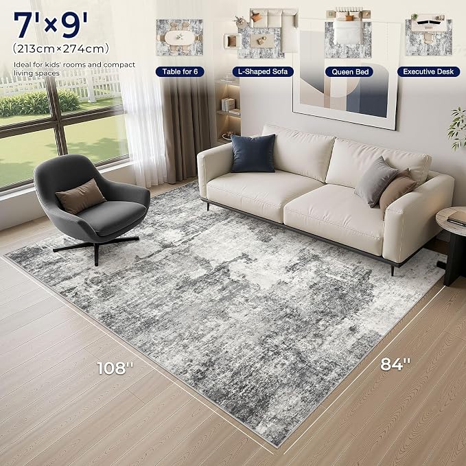 DMOYEST 7x9 Area Rugs for Living Room, Washable Large Abstract Rug, Non Slip Low Pile Indoor Carpet, Kid & Pet Friendly Neutral Modern Rugs for Bedroom Dining Room - Grey