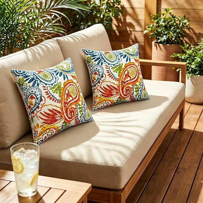 JMGBird Outdoor Patio Pillows Waterproof Outdoor Pillow Inserts Included | 18x18 Orange Throw Pillows with Inserts Sunbrella Pillows Paisley Print Decorative Pillows for Couch ,Patio Furniture