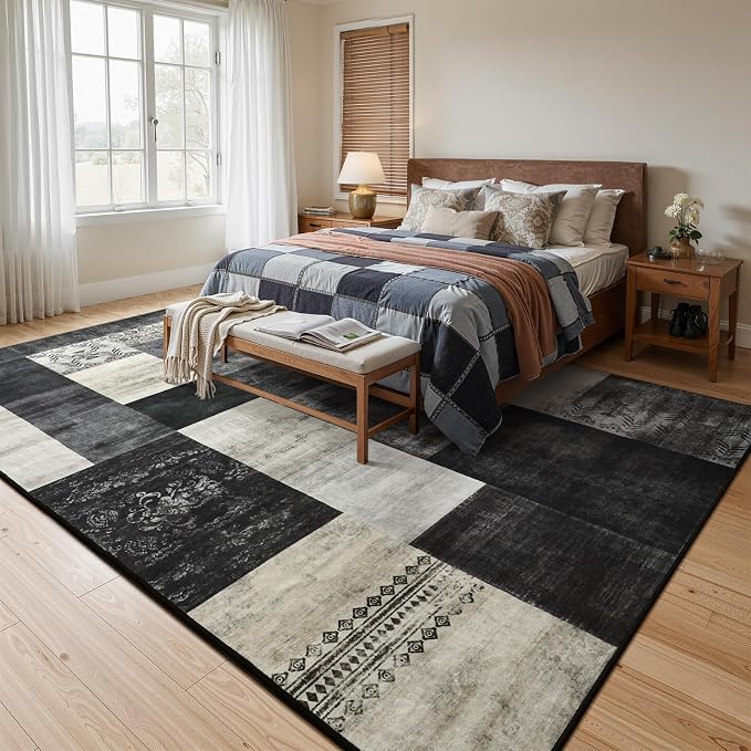 DweIke Washable Area Rugs 8x10 for Living Room, Large Modern Geometric Black White Soft Patchwork Carpet, Non-Slip Stain Resistant Throw Rug for Bedroom Dining Room Office Home Decor