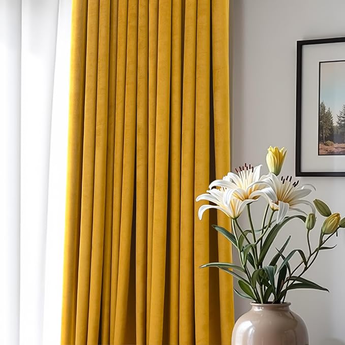 Mustard Yellow Gold Curtains Velvet Drapes 108 Inch Extra Long Ceiling to Floor Curtain for Patio Sliding Door Window French Country Doorway Hallway Cabin Mid Century Modern Boho Western Decor 2 Panel