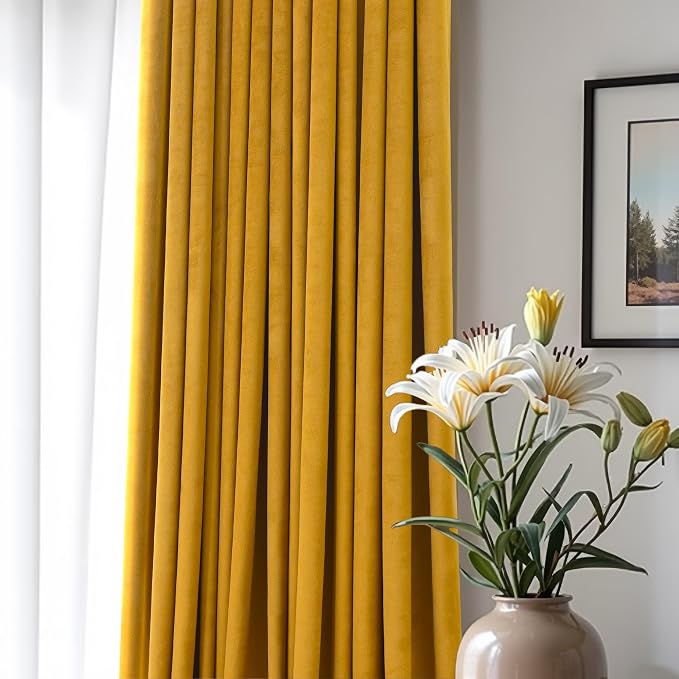 Mustard Yellow Gold Velvet Curtain 84 Inch Long 2 Panel for Living Room Darkening Light Blocking Heat Resistant Warm Fall Drape for Patio Sliding Door French Window Vintage 52x84 Floor Length Back Tab