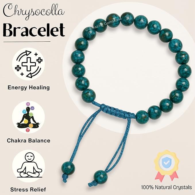 Amazing Gemstone Chrysocolla Bracelet, Gifts for Men & Women - Protection Healing Crystal Bracelet - 8mm Gemstone Beaded Adjustable Bracelet, Pulseras para Hombres Mujer Stocking Stuffers