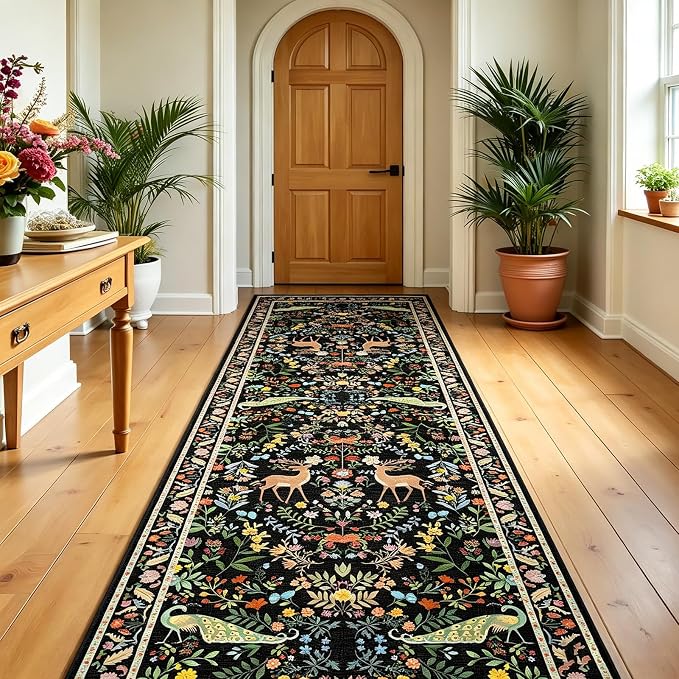 2x6 Black Bathroom Rugs - Washable Floral Runners for Kitchen Floor, Hallway, Low Pile & Soft Non Slip Bedroom Carpet with Rubber Backing, Dark Botanical & Animal Decor