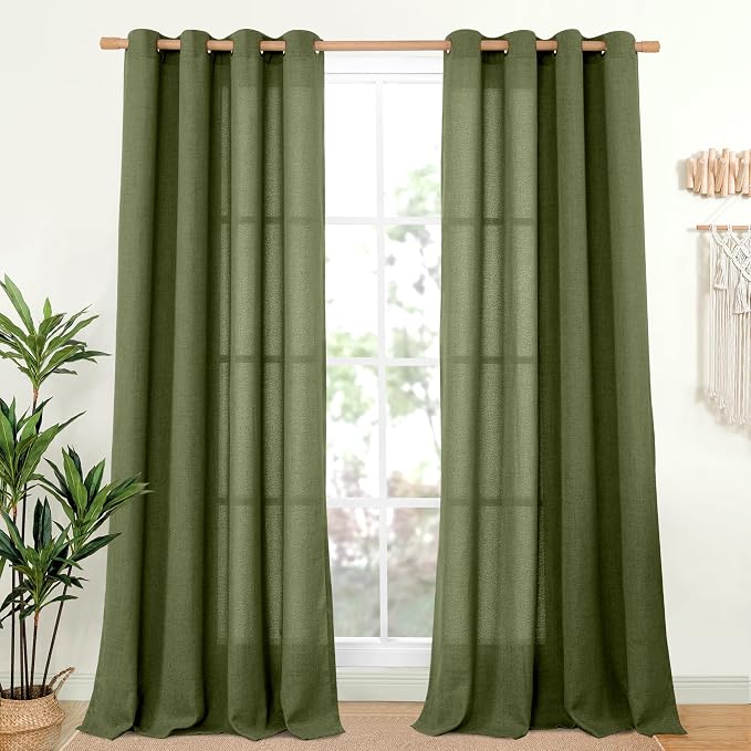 YoungsTex Olive Green Linen Curtains for Living Room with Grommet | 84 Inches Long Light Filtering Drapes Textured for Dining Bedroom Window, 2 Panels, 52 X 84 Inch
