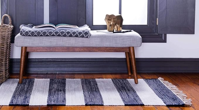Unique Loom Chindi Rag Collection Area Rug - Striped (2' 2" x 12' 2" Runner, Navy Blue/ Ivory)