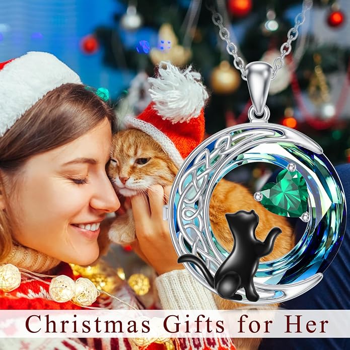 TOUPOP Cat Gifts for Cats Lovers 925 Sterling Silver Black Cat Necklace Celtic Moon Birthstone Jewelry for Women Anniversary Birthday Gift for Her Wife Mom
