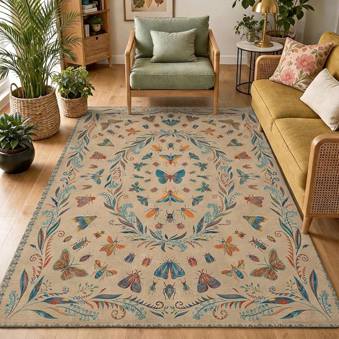 Washable Living Room Area Rug 5x8, Ultra Soft Carpet for Bedroom, Dining Room, Vintage Farmhouse Home Décor, Low Pile Non Slip Stain Resistant Rug (Brown & Blue)