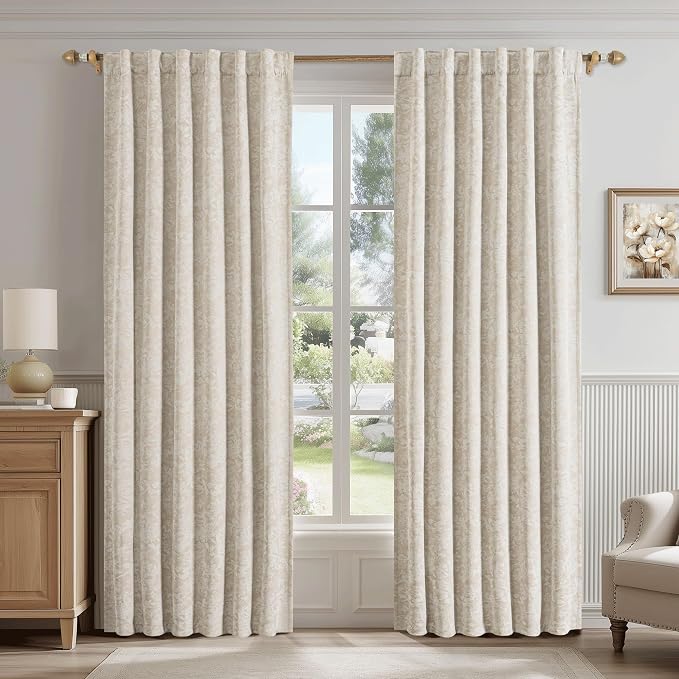 Beauoop Beige Floral Jacquard Blackout Curtains for Bedroom 52x72 2 Panels | Flower Chenille Room Darkening Drapes for Living Room 72 Inch Long Thermal Insulated Soundproof Window treatment Rod Pocket