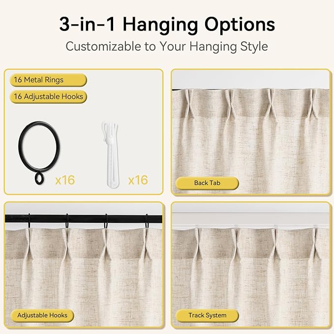 Liz Sheer Pinch Pleated Linen Curtains 108 Inches Long - Light Filtering Pleat Curtains for Living Room, Window Curtains for Bedroom, Luxury Pinch Pleated Drapes with Hooks, Natural, 2 Panels Set
