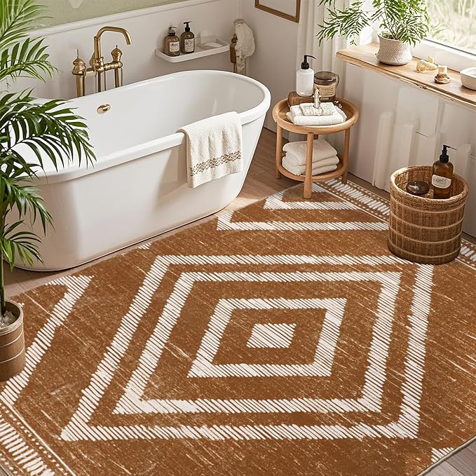 Boho Area Rugs 4x6ft Non Slip, Brown Washable Rug for Living Room, Soft Bedroom Carpet, Low Pile Moroccan Area Floor Carpets for Dining Room Kids Nursery Farmhouse