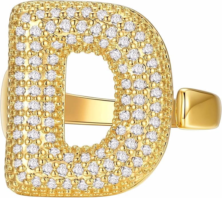 KeyStyle Bold Initial Letter Rings Adjustable, GoldChic Jewelry Women Gold Statement Ring Personalized Engraved Women’s Open Signet Ring for Party (Gold, White Gold, Black)